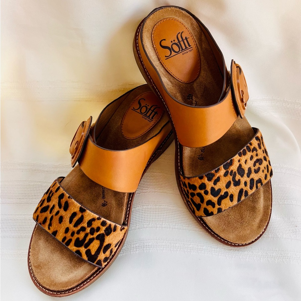 Söfft Leopard Print and Tan Leather Slide Sandals - Picture 1 of 14